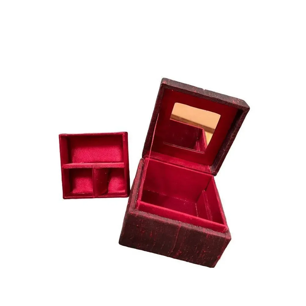 Vintage Red Jewelry Box with bead and tassel 4 x 4 x 3 mirror & removable insert